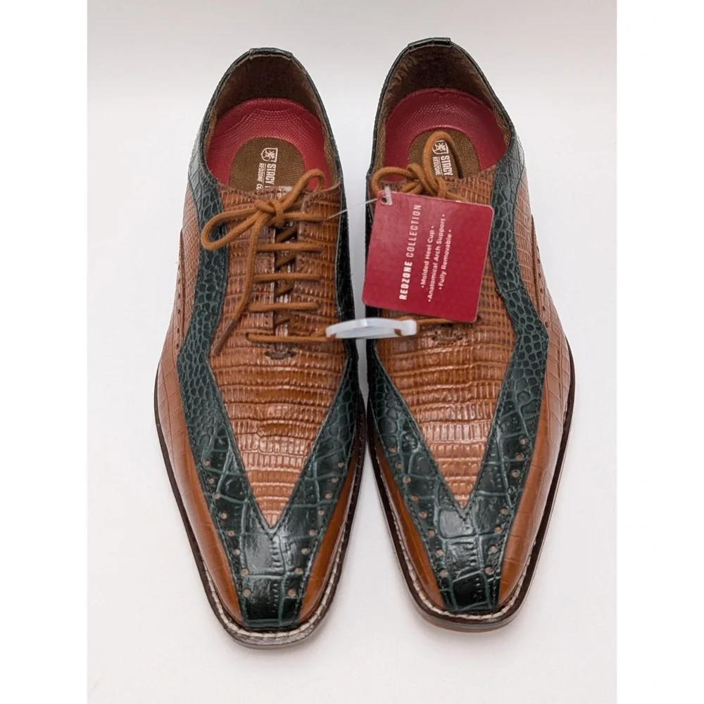 Stacy Adams Tallero Tan Multi Croco Print Leather V-Tip Oxford Men Size 7.5